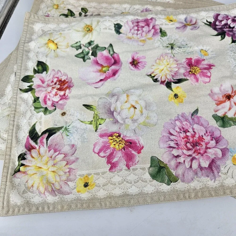Maison D' Hermine Spring Pink Floral Cotton Placemats Set 4 Dining Table Decor
